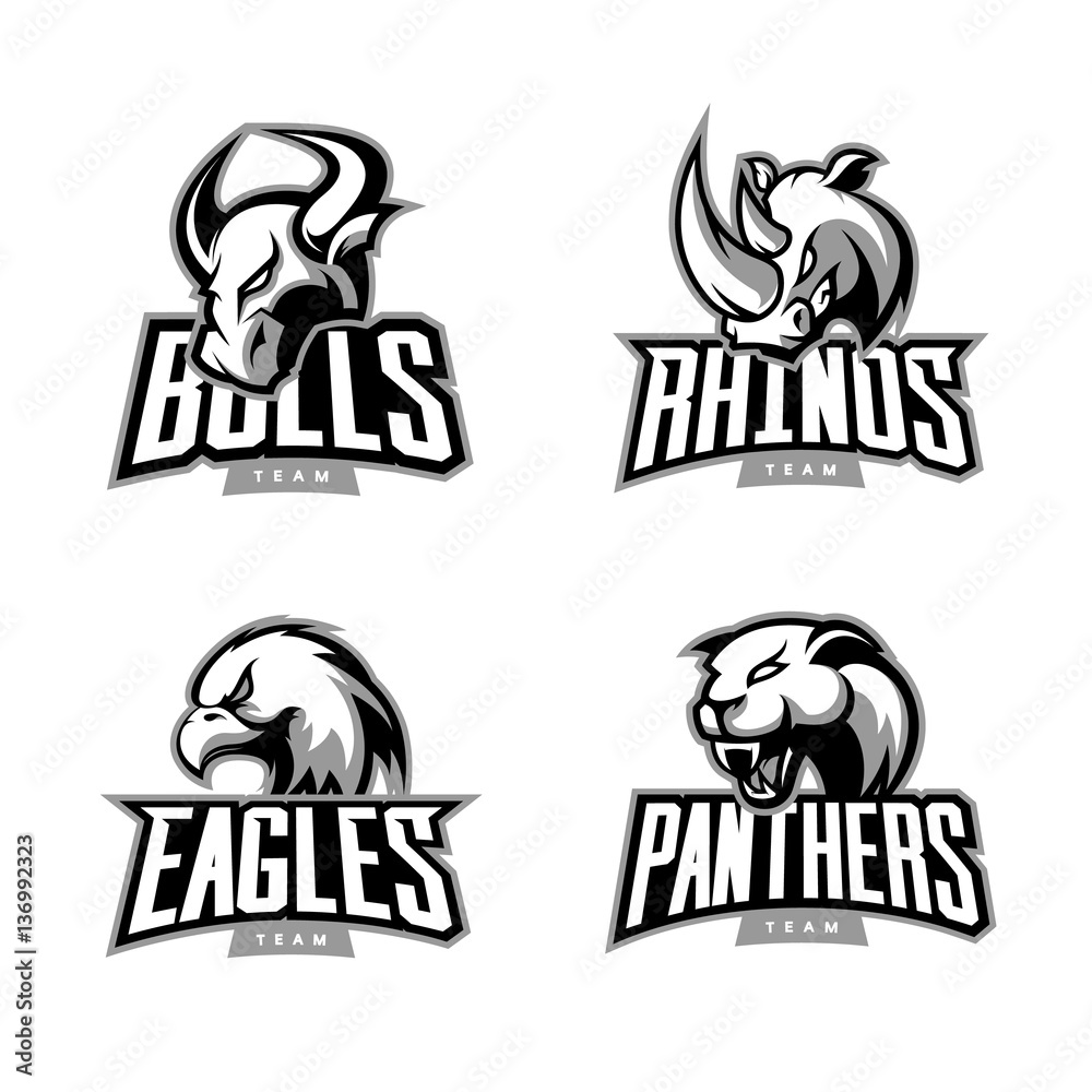 Fototapeta premium Furious rhino, bull, eagle and panther mono sport vector logo concept set isolated on white background. Premium quality wild animal and bird t-shirt tee print illustration.
