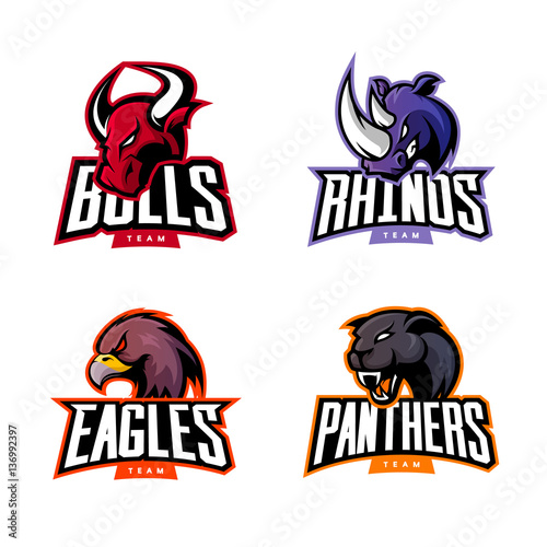 Furious rhino, bull, eagle and panther sport vector logo concept set isolated on white Premium quality wild animal and bird t-shirt tee print illustration.