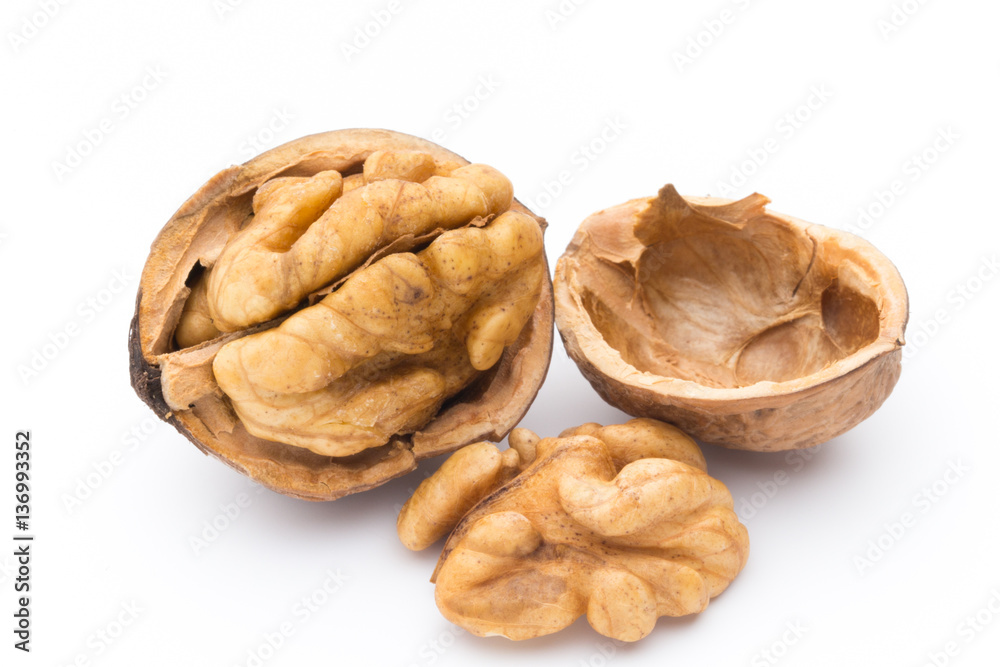 Walnut and walnut kernel isolated on the white background. Walnut and walnut kernel isolated on the white background.