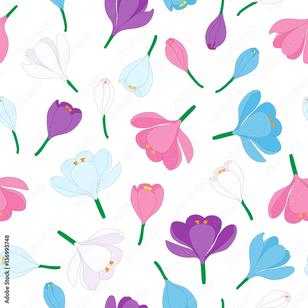 Spring background with hand-drawn crocuses. Seamless floral pattern