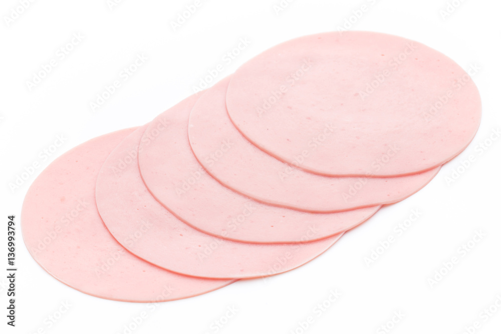 Sliced boiled ham sausage isolated on white background, top view Sliced boiled ham sausage isolated on white background, top view