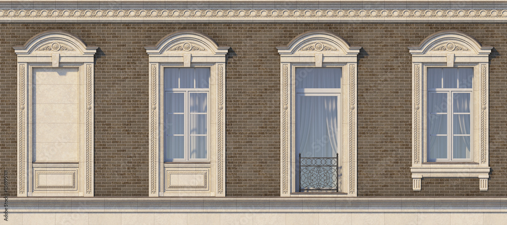 Framing of windows in classic style on the brick wall of brown color. 3d render. Framing of windows in classic style on the brick wall of brown color. 3d render.