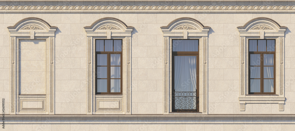 Framing of windows in classic style on the stone. 3d render. Framing of windows in classic style on the stone. 3d render.