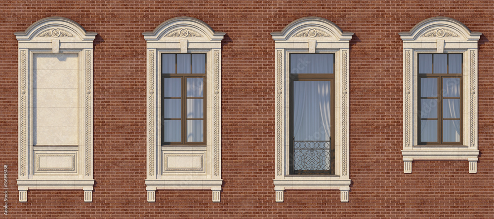 Framing of windows in classic style on the brick wall of red color. 3d render.