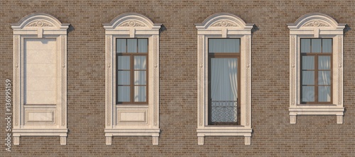 Framing of windows in classic style on the brick wall of brown color. 3d rendering.