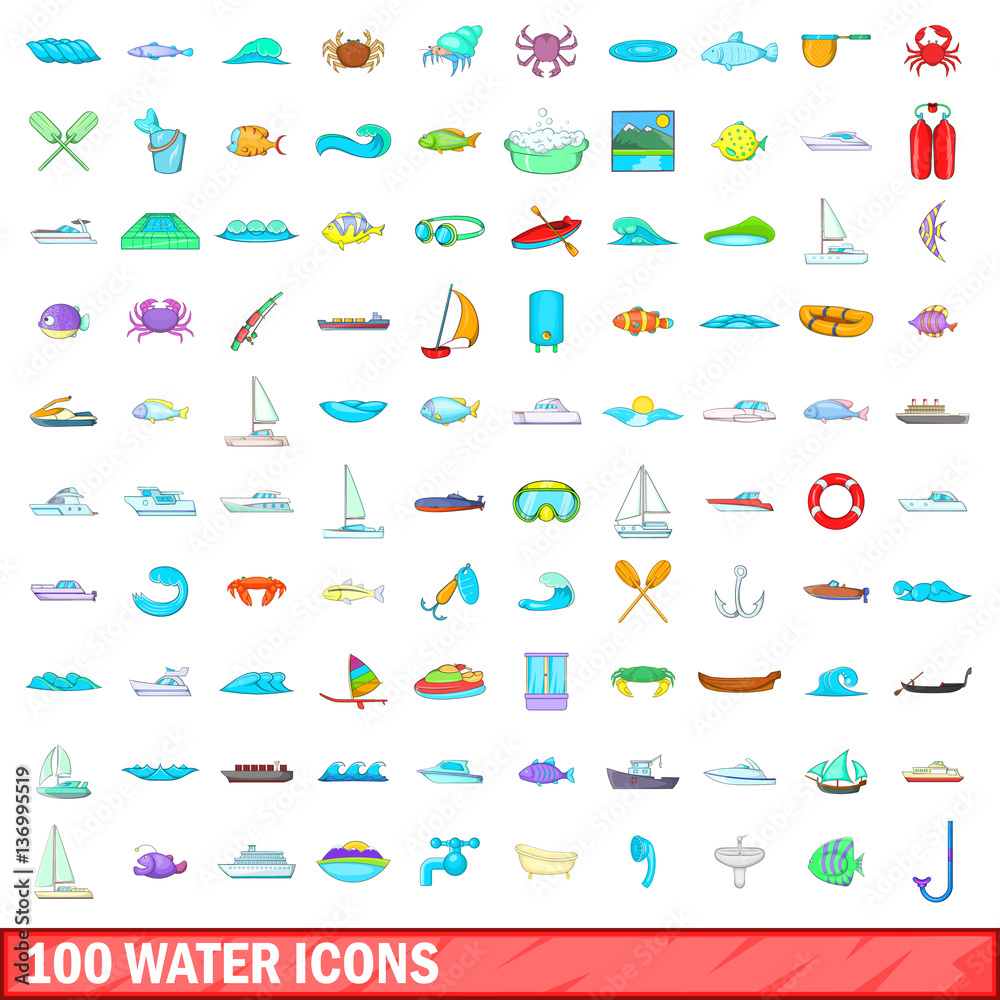 100 water icons set, cartoon style