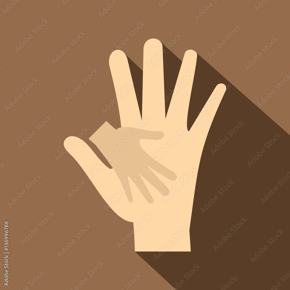 Baby hand in mother hand icon, flat style Baby hand in mother hand icon, flat style