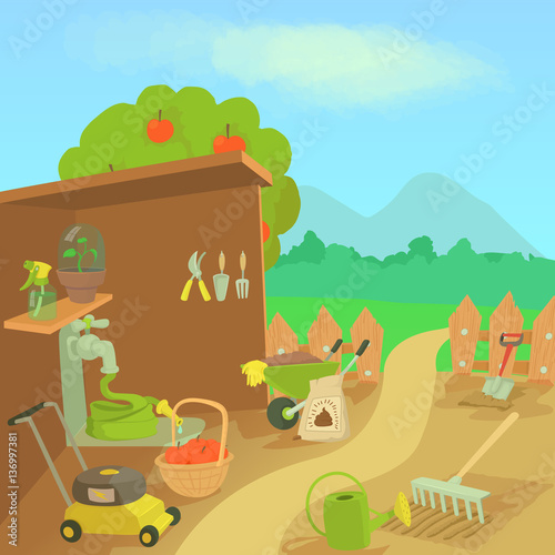 Gardening tools landscape concept  cartoon style