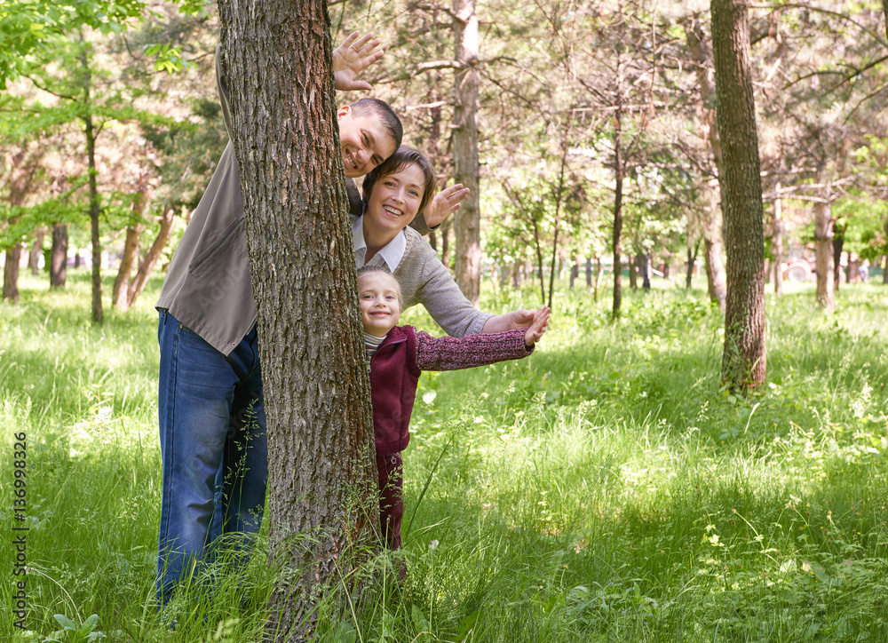 Fototapeta premium Happy family and child in summer park. People hiding and playing behind a tree. Beautiful landscape with trees and green grass