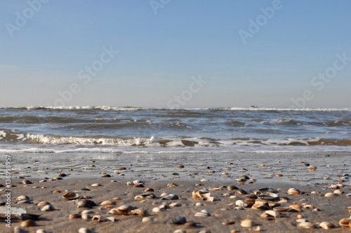pebbles on a beach on a sunny afternoon with soft waves in the background © Michael