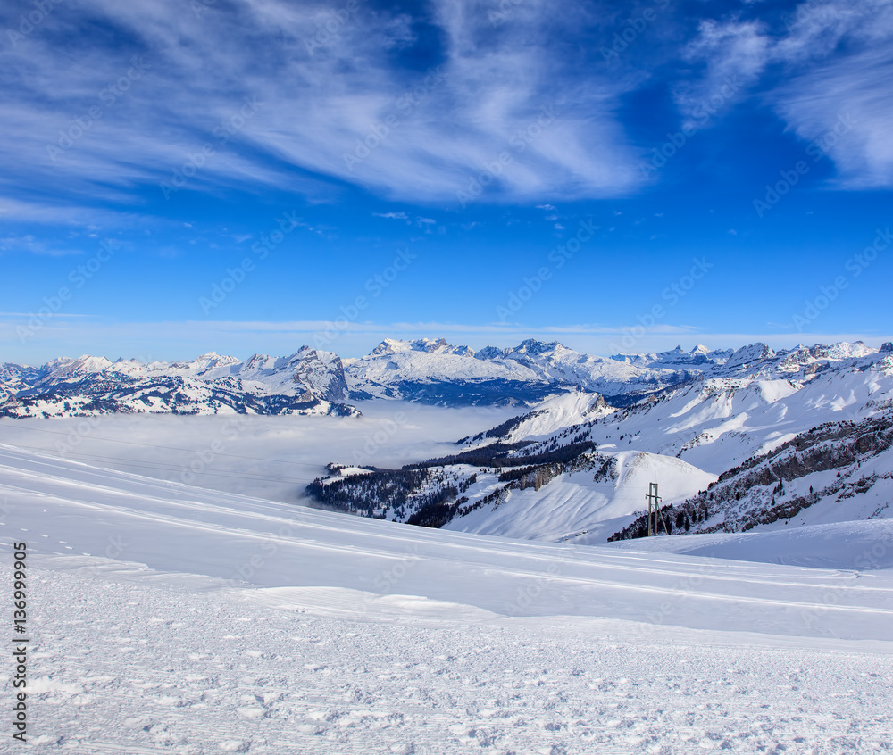 Wintertime view from Fronalpstock mountain in Switzerland