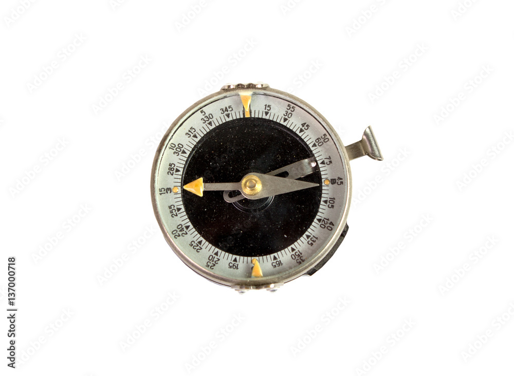 Compass on a white background. Photo of magnetic compass. Compass on a white background. Photo of magnetic compass.