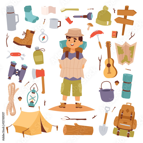 Camping outdoor travel tourist man holding map and vector sticker