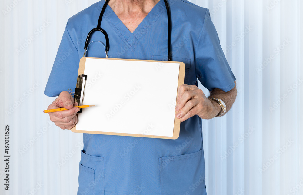Senior doctor in scrubs with message Senior doctor in scrubs with message