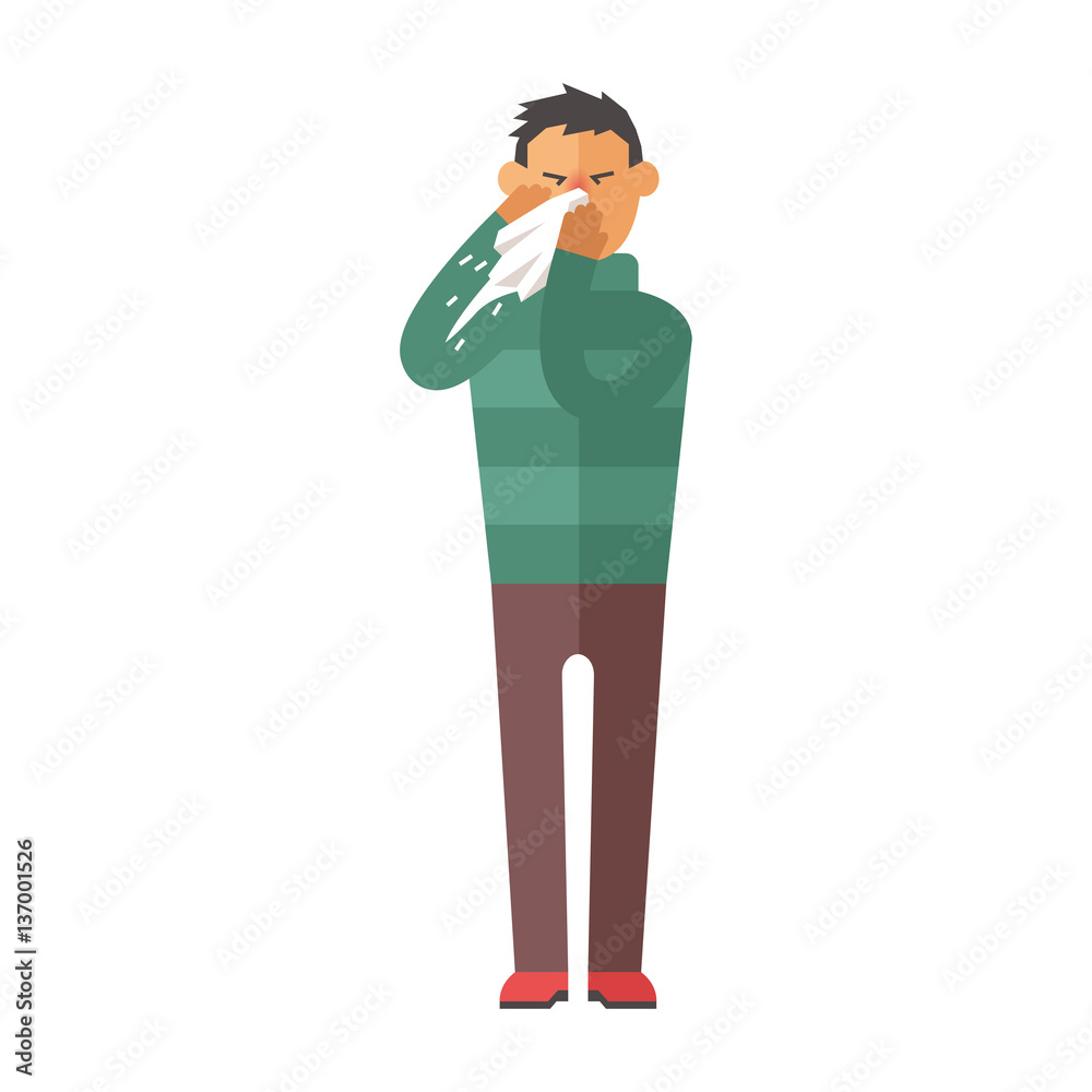 Illness flu man feeling cold and blowing his nose vector illustration.