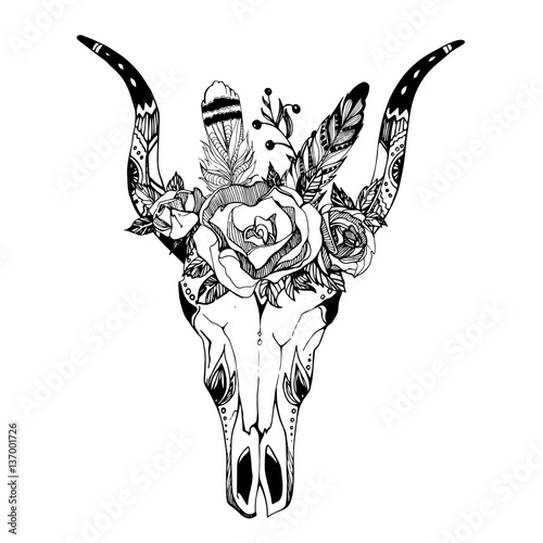 Boho chic image Fashion illustration Wild skull with flowers Boho style For t-shirt, invitation, posters
