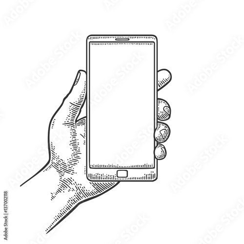 Smartphone hold male hand. Vintage drawn vector engraving