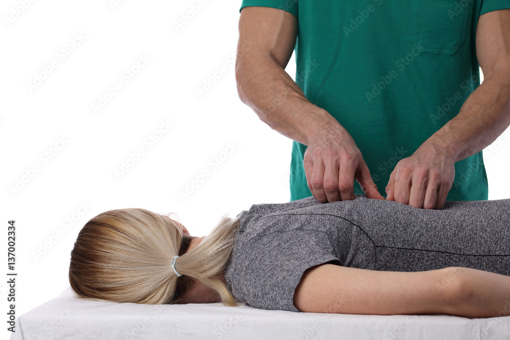 Chiropractic, osteopathy, dorsal manipulation. Therapist doing healing treatment on women's back . Alternative medicine, pain relief concept isolated on white.