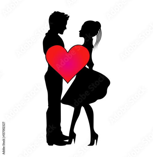 Vector illustration of lovers' silhouette with heart, slhouette di innamorati vettoriali con cuore