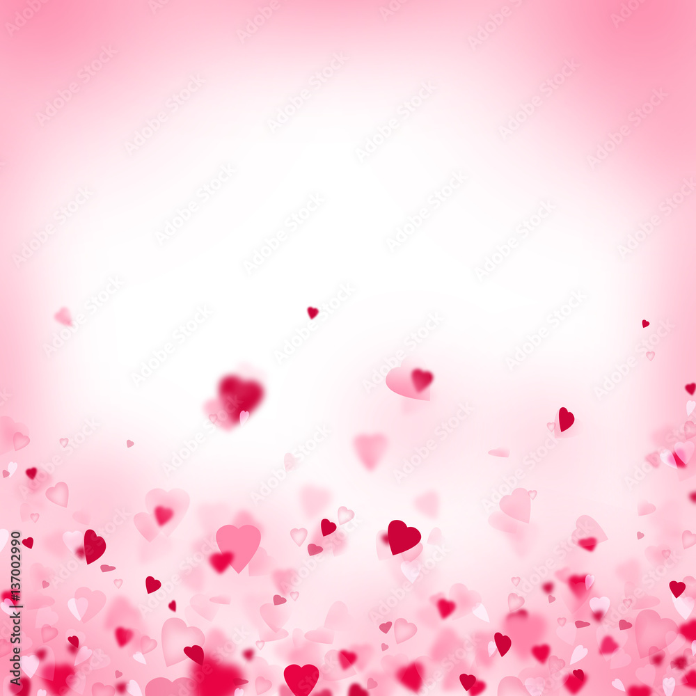 An illustration with scattered cute pink hearts on a white background