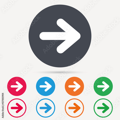 Arrow icon. Next navigation symbol. Round circle buttons. Colored flat web icons. Vector