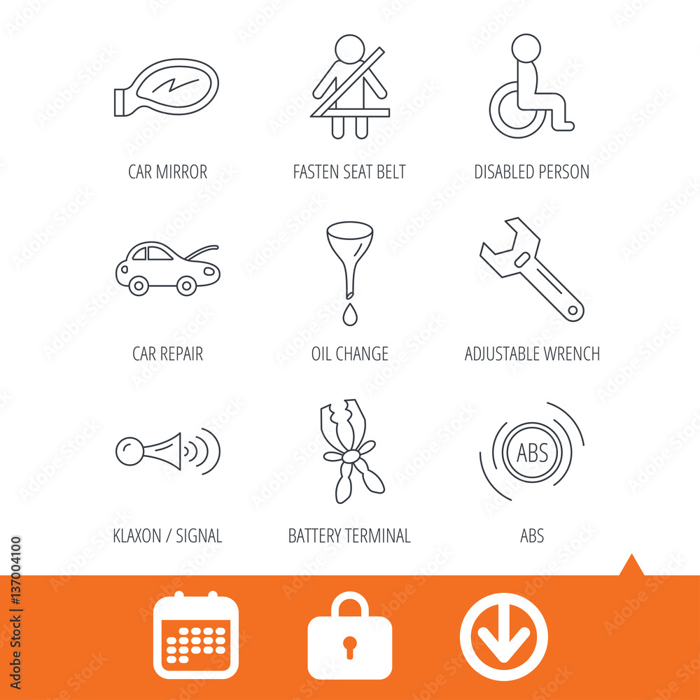 Car mirror repair, oil change and wrench tool icons. ABS, klaxon signal and fasten seat belt linear signs. Disabled person icons. Download arrow, locker and calendar web icons. Vector Car mirror repair, oil change and wrench tool icons. ABS, klaxon signal and fasten seat belt linear signs. Disabled person icons. Download arrow, locker and calendar web icons. Vector