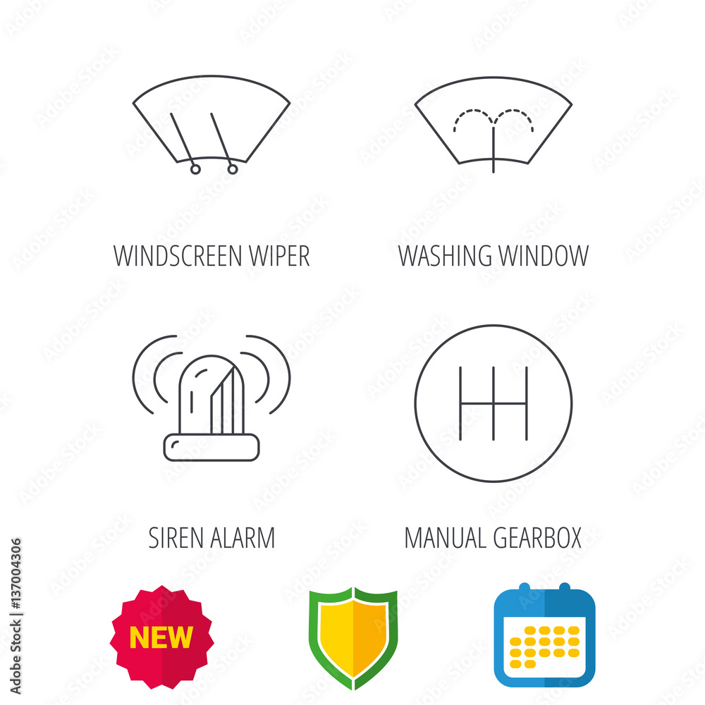Manual gearbox, siren alarm and washing window icons. Windscreen wiper linear sign. Shield protection, calendar and new tag web icons. Vector Manual gearbox, siren alarm and washing window icons. Windscreen wiper linear sign. Shield protection, calendar and new tag web icons. Vector