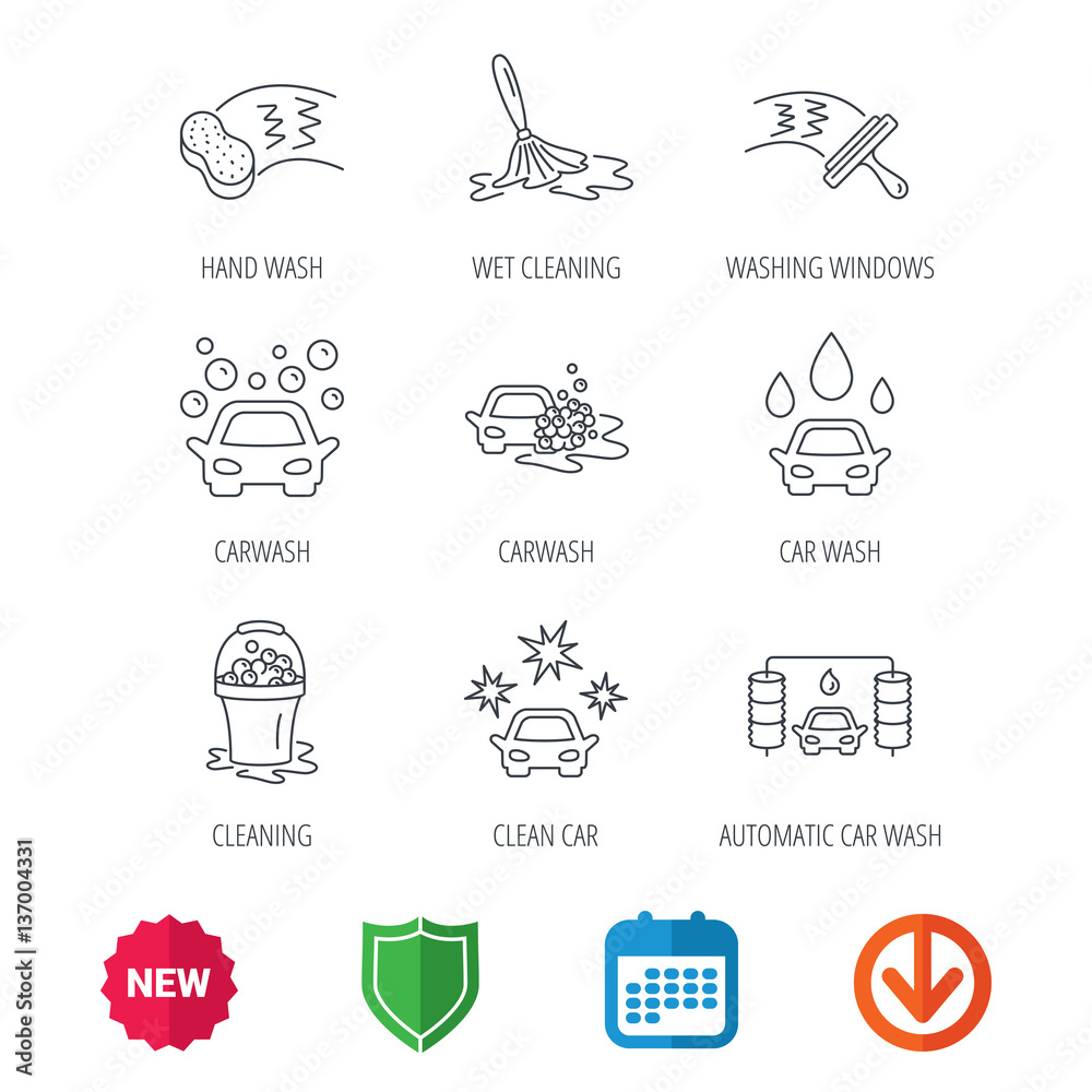 Car wash icons. Automatic cleaning station linear signs. Washing windows, sponge and foam bucket flat line icons. New tag, shield and calendar web icons. Download arrow. Vector