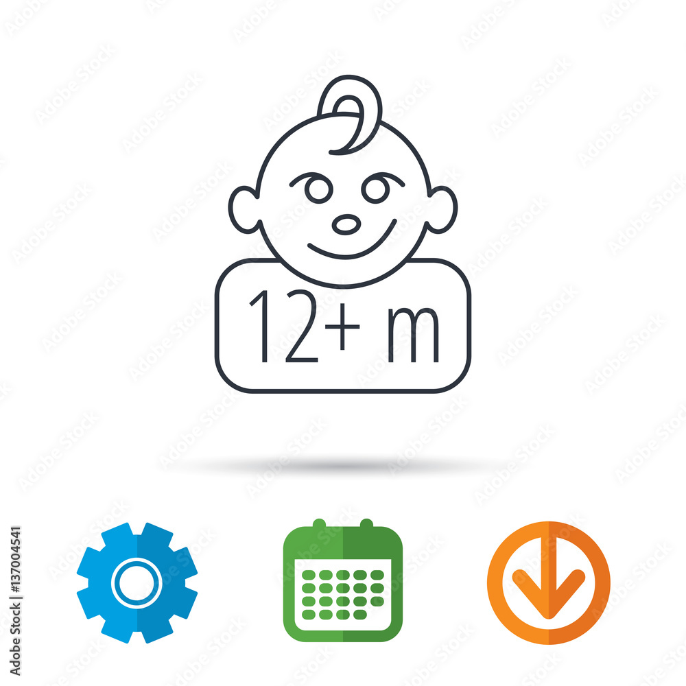 Baby face icon. Newborn child sign. Use of twelve months and plus symbol. Calendar, cogwheel and download arrow signs. Colored flat web icons. Vector Baby face icon. Newborn child sign. Use of twelve months and plus symbol. Calendar, cogwheel and download arrow signs. Colored flat web icons. Vector