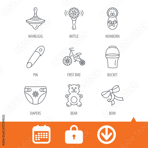 Newborn, diapers and bear toy icons. First bike, bow and pin linear signs. Rattle, whirligig and bucket flat line icons. Download arrow, locker and calendar web icons. Vector