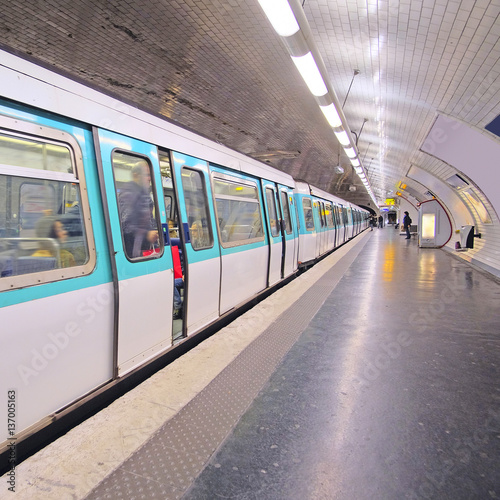 Paris, France, February 12, 2016: metro train in Paris, France. Metro is very popular transport in Paris