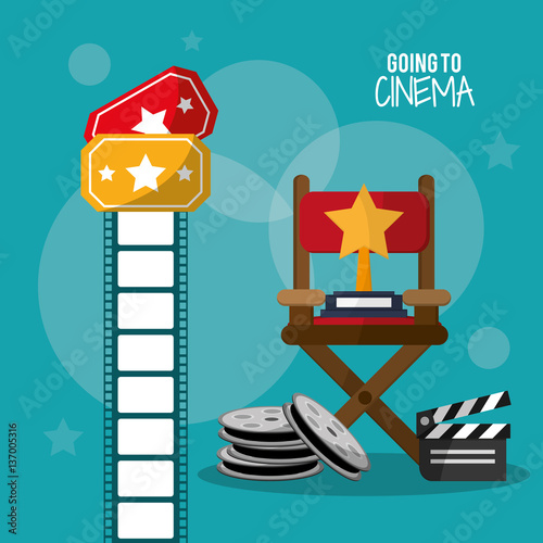 going to cinema reel clapper film strip and tickets vector illustration eps 10