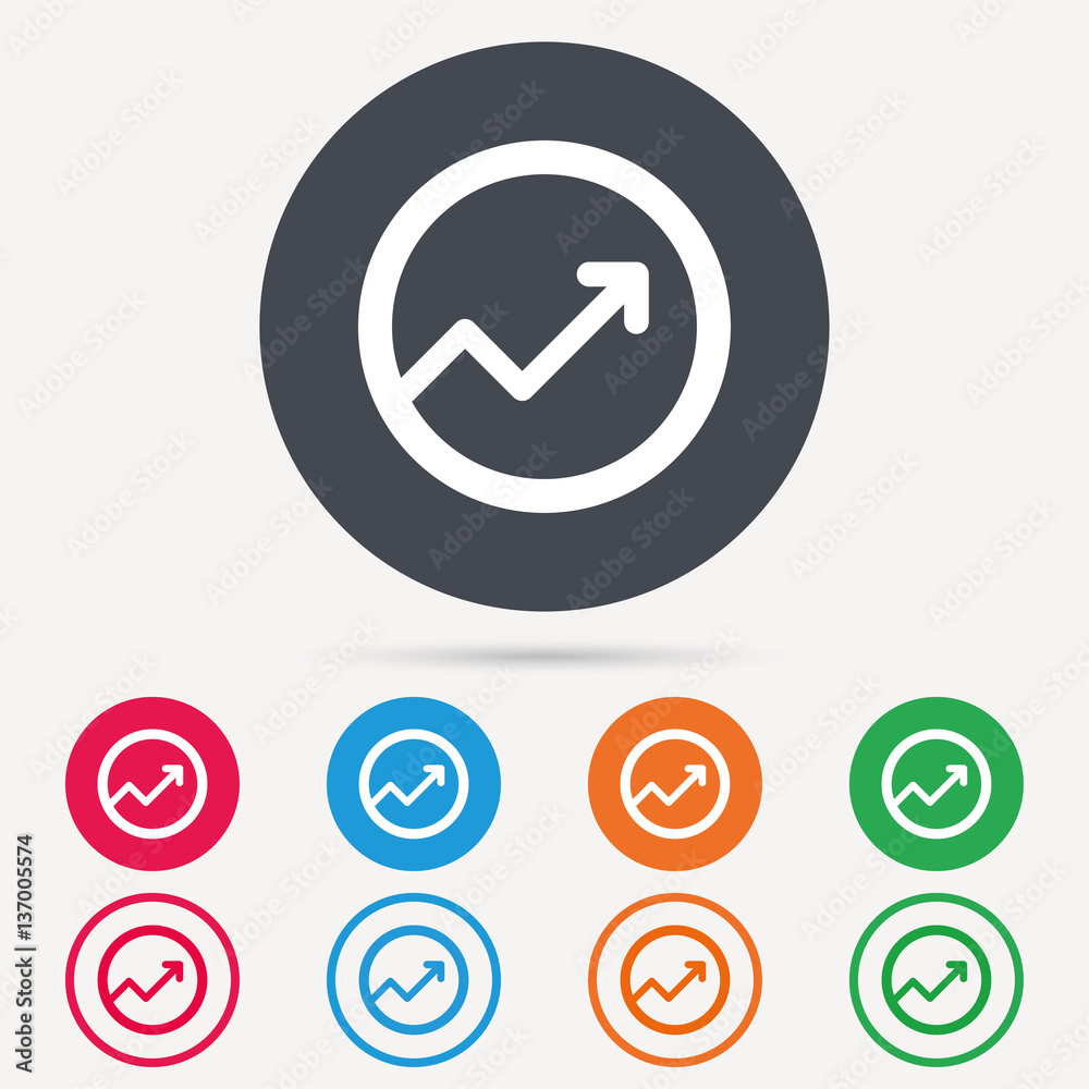 Growing graph icon. Business analytics chart symbol. Round circle buttons. Colored flat web icons. Vector Growing graph icon. Business analytics chart symbol. Round circle buttons. Colored flat web icons. Vector