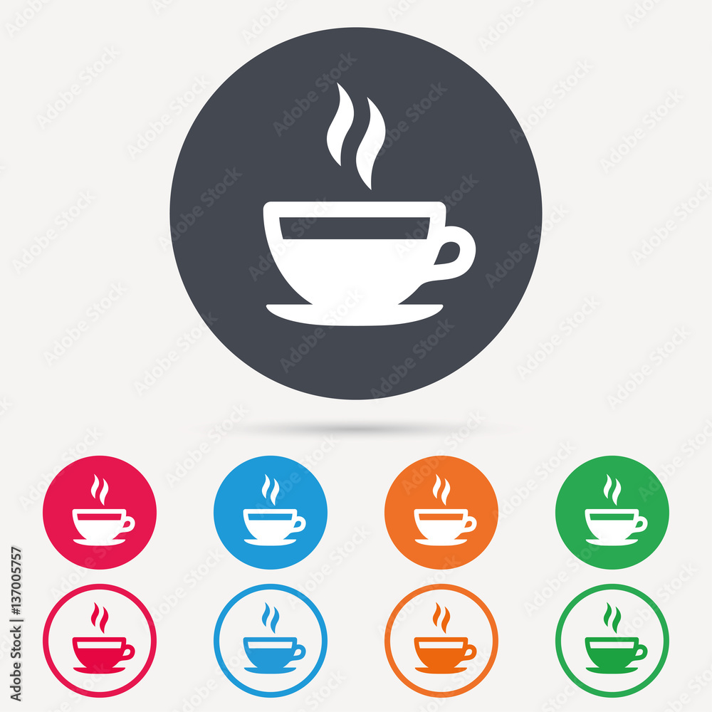 Coffee cup icon. Hot tea drink symbol. Round circle buttons. Colored flat web icons. Vector Coffee cup icon. Hot tea drink symbol. Round circle buttons. Colored flat web icons. Vector