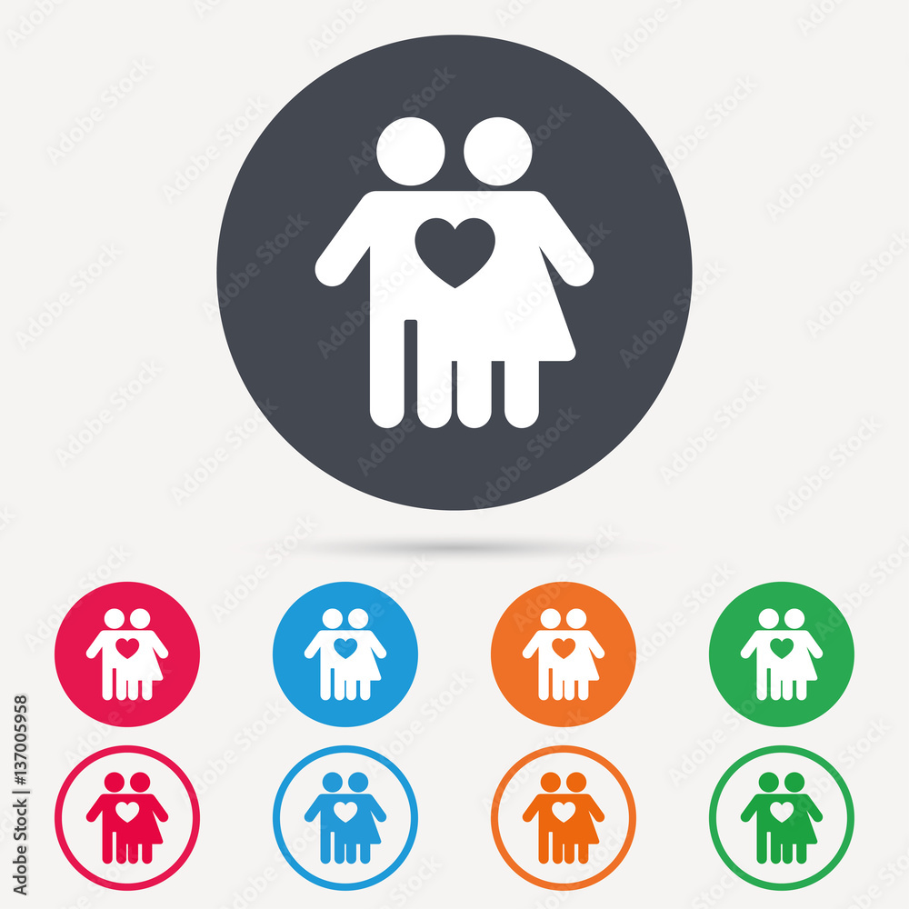 Couple love icon. Traditional young family symbol. Round circle buttons. Colored flat web icons. Vector Couple love icon. Traditional young family symbol. Round circle buttons. Colored flat web icons. Vector
