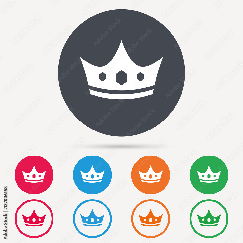 Crown icon. Royal throne leader symbol. Round circle buttons. Colored flat web icons. Vector Crown icon. Royal throne leader symbol. Round circle buttons. Colored flat web icons. Vector
