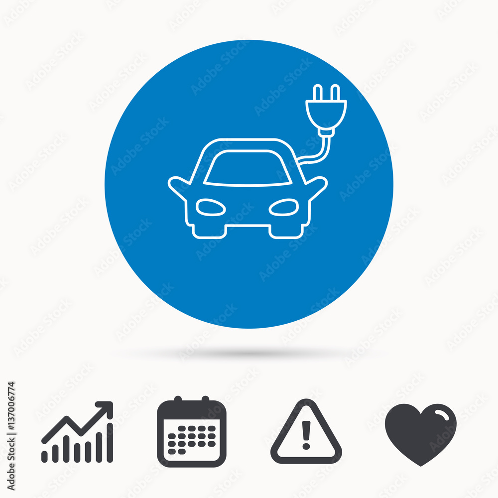 Electric car icon. Hybrid auto transport sign. Calendar, attention sign and growth chart. Button with web icon. Vector Electric car icon. Hybrid auto transport sign. Calendar, attention sign and growth chart. Button with web icon. Vector