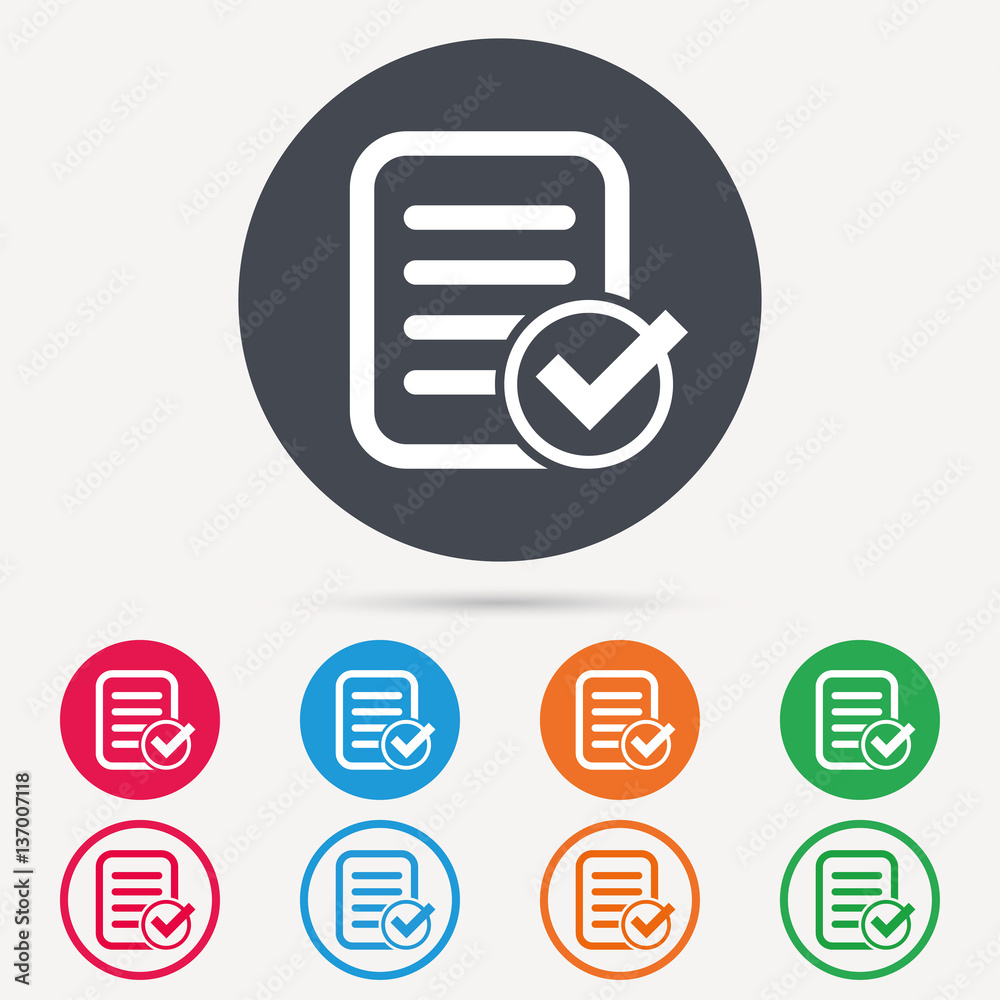 File selected icon. Document page with check symbol. Round circle buttons. Colored flat web icons. Vector File selected icon. Document page with check symbol. Round circle buttons. Colored flat web icons. Vector