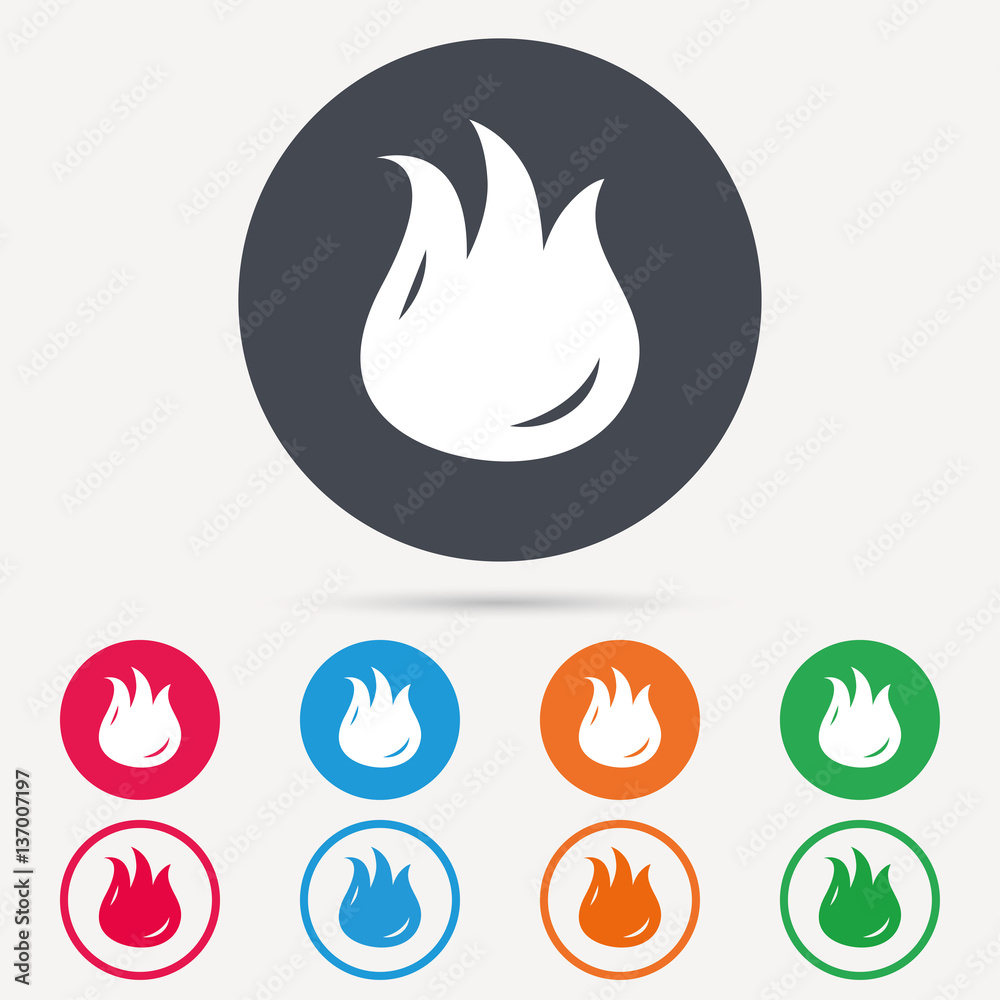 Fire icon. Blazing bonfire flame symbol. Round circle buttons. Colored flat web icons. Vector Fire icon. Blazing bonfire flame symbol. Round circle buttons. Colored flat web icons. Vector