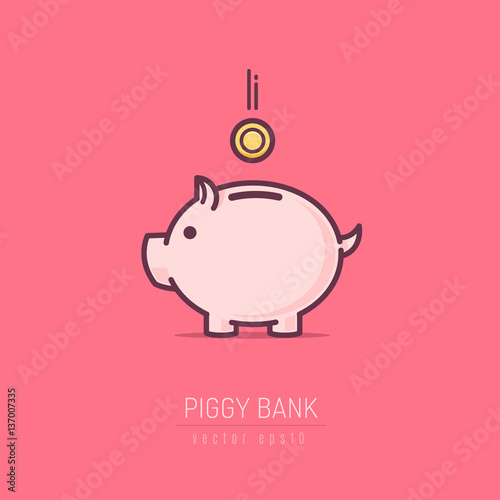 Piggy bank simple vector illustration in flat linework style 