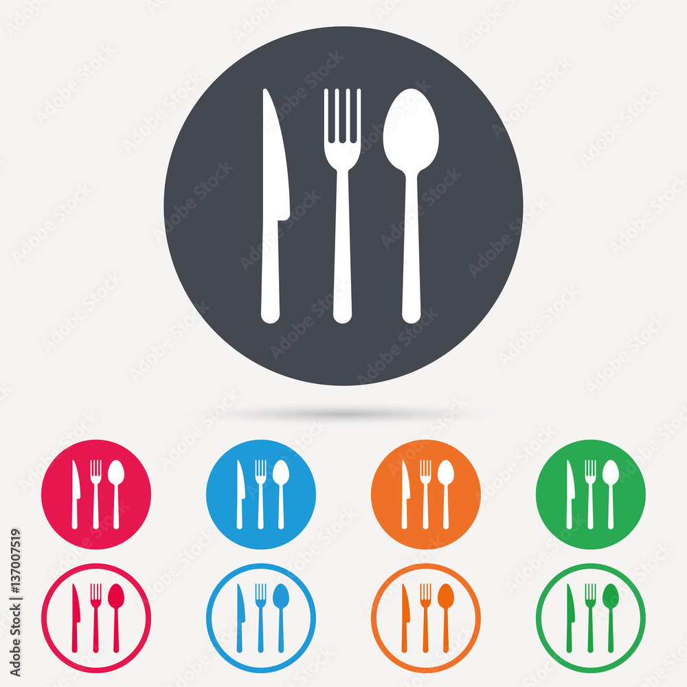 Fork, knife and spoon icons. Cutlery symbol. Round circle buttons. Colored flat web icons. Vector Fork, knife and spoon icons. Cutlery symbol. Round circle buttons. Colored flat web icons. Vector