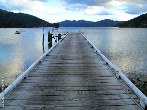 Jetty on lake at the Queen Charlotte Track, New Zealand