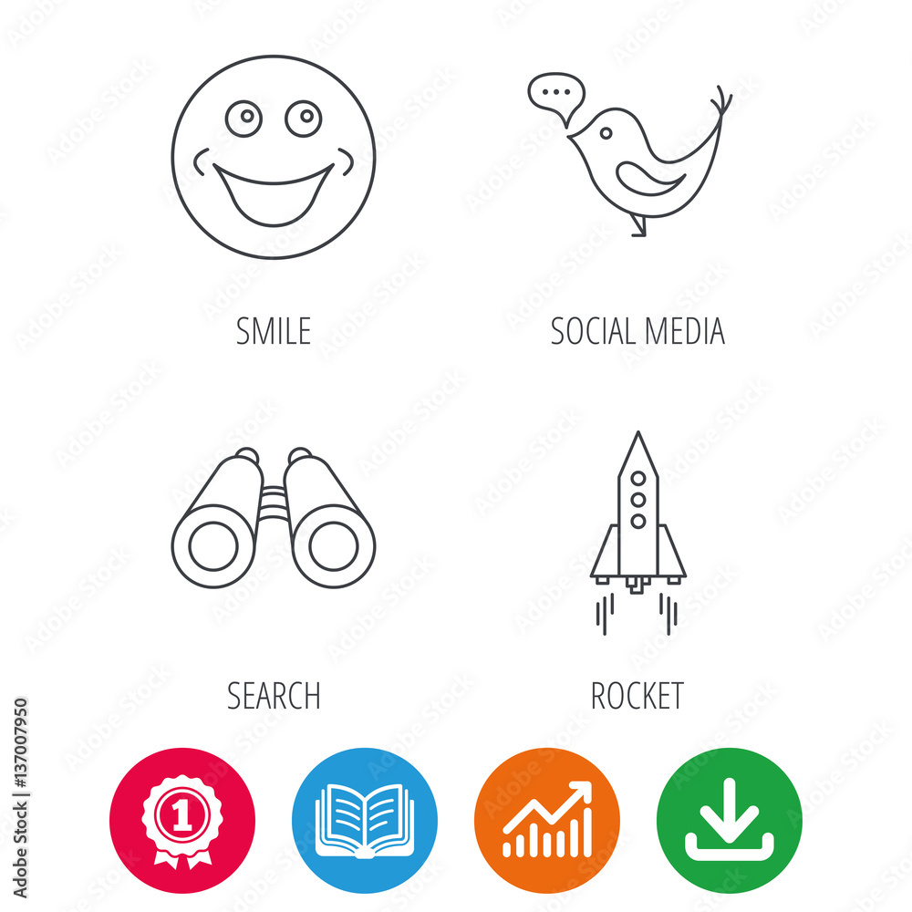 Rocket, social media and search icons. Smiling face linear sign. Award medal, growth chart and opened book web icons. Download arrow. Vector
