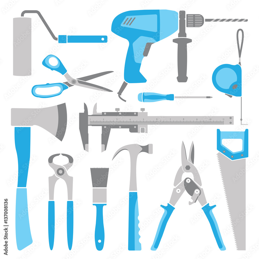 Vector blue working tools collection for construction and repair Vector blue working tools collection for construction and repair