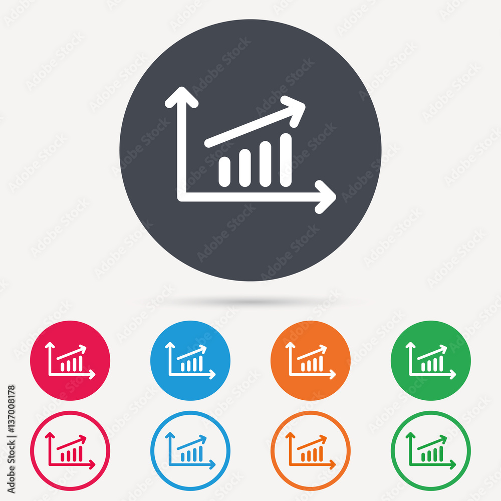Growing graph icon. Business analytics chart symbol. Round circle buttons. Colored flat web icons. Vector Growing graph icon. Business analytics chart symbol. Round circle buttons. Colored flat web icons. Vector