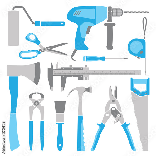 Vector blue working tools collection for construction and repair