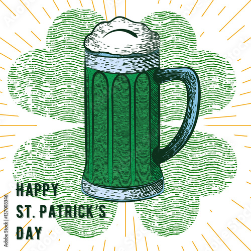 vector illustrations for the feast day of St. Patrick. A glass of green beer and traditional leaf clover style sketch
