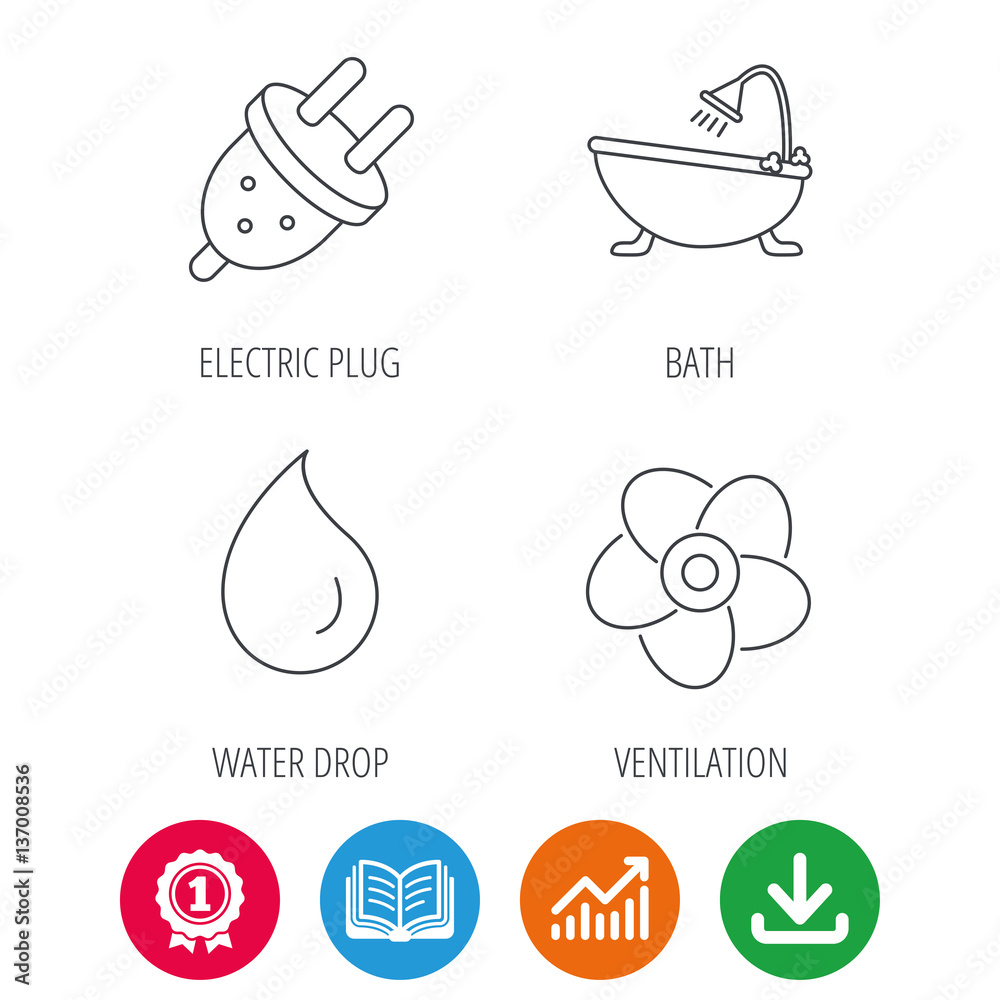 Ventilation, water drop and electric plug icons. Bath linear sign. Award medal, growth chart and opened book web icons. Download arrow. Vector