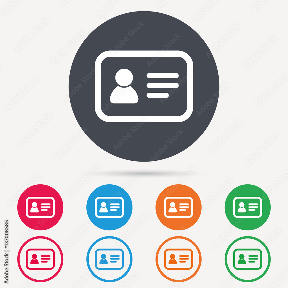 ID card icon. Personal identification document symbol. Round circle buttons. Colored flat web icons. Vector ID card icon. Personal identification document symbol. Round circle buttons. Colored flat web icons. Vector