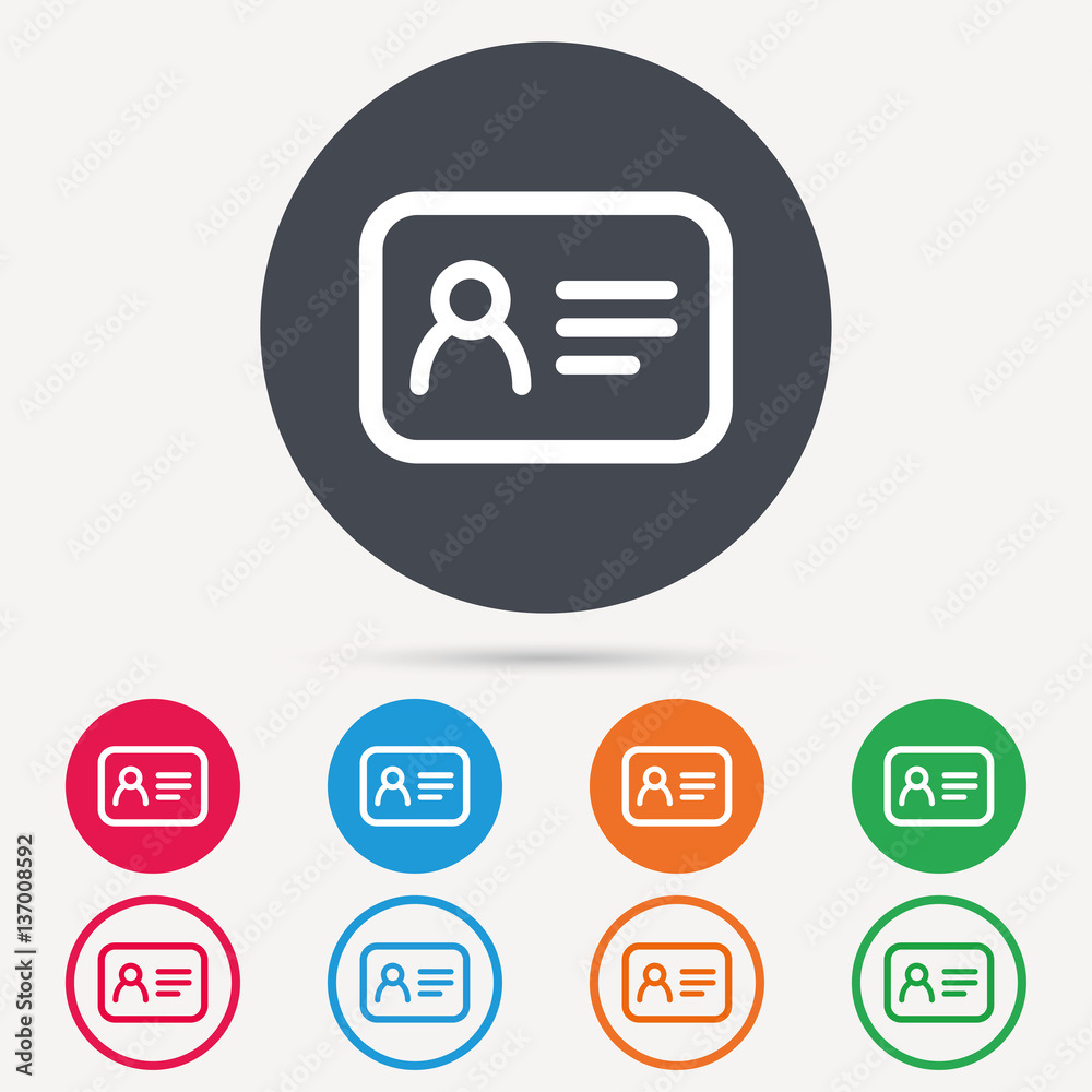 ID card icon. Personal identification document symbol. Round circle buttons. Colored flat web icons. Vector ID card icon. Personal identification document symbol. Round circle buttons. Colored flat web icons. Vector